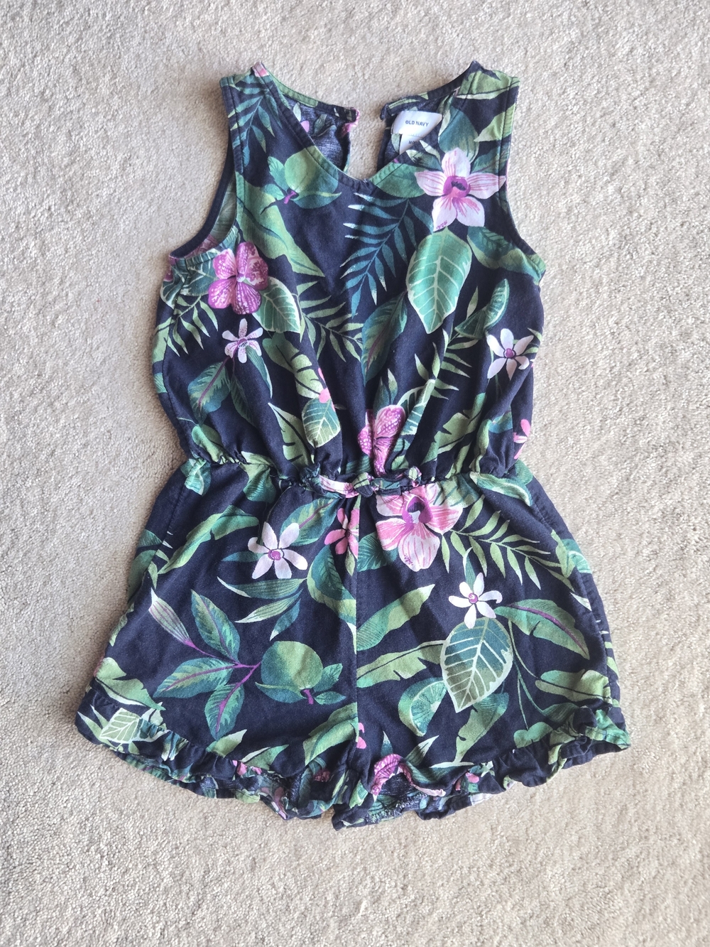 Old Navy Navy Floral Sleeveless Girls Romper with Green Leaves and Pink Flowers